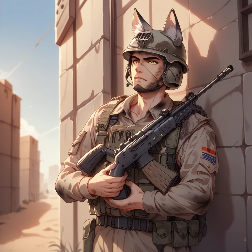 male Soldier, Gray hair, Fox ears, yellow eyes, Dirty, Desert coloured military outfit, helmet, Military backpack, Helmet, Holding a M4 Assualt Rifle, leaning against a wall in an alleyway in a desert town