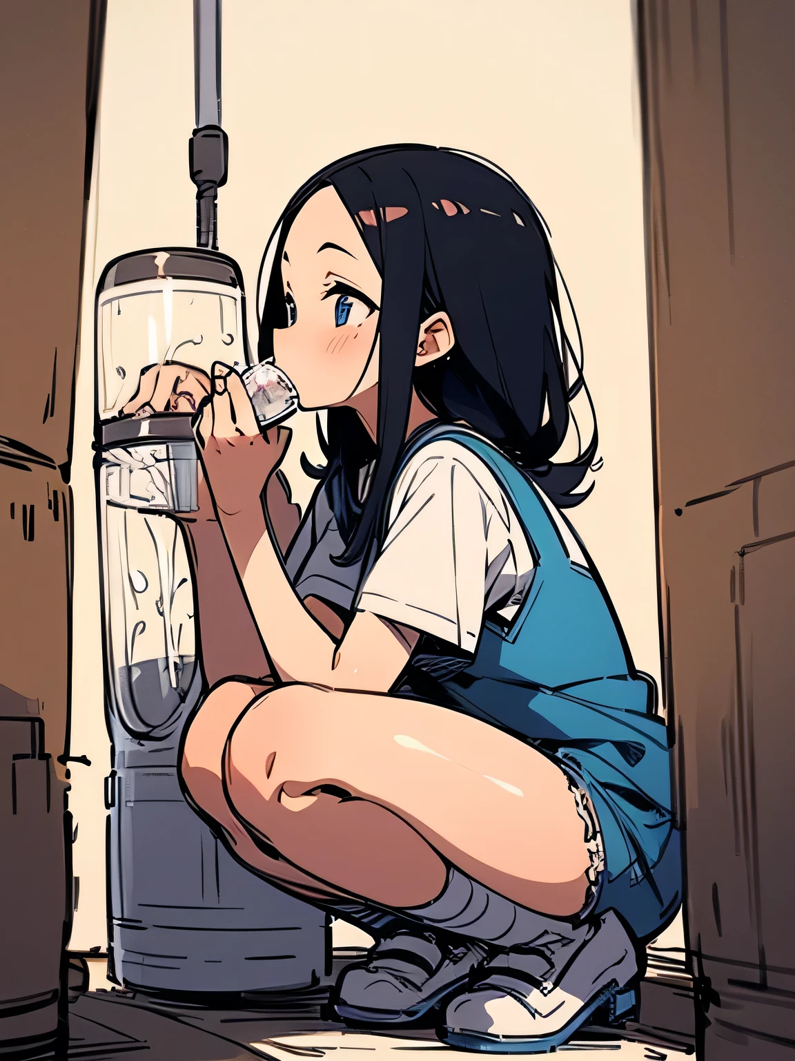 sideview,Alone,14years old,(squatting spread open legs:1.3),black hair,big forehead,mother、 breast milk、(milking:1.3),((pump milking machine)),Baby bottle ,nsfw, Mother's Eros、( milking),maternal、Hinata、(manga style),(sketch),(illustration),