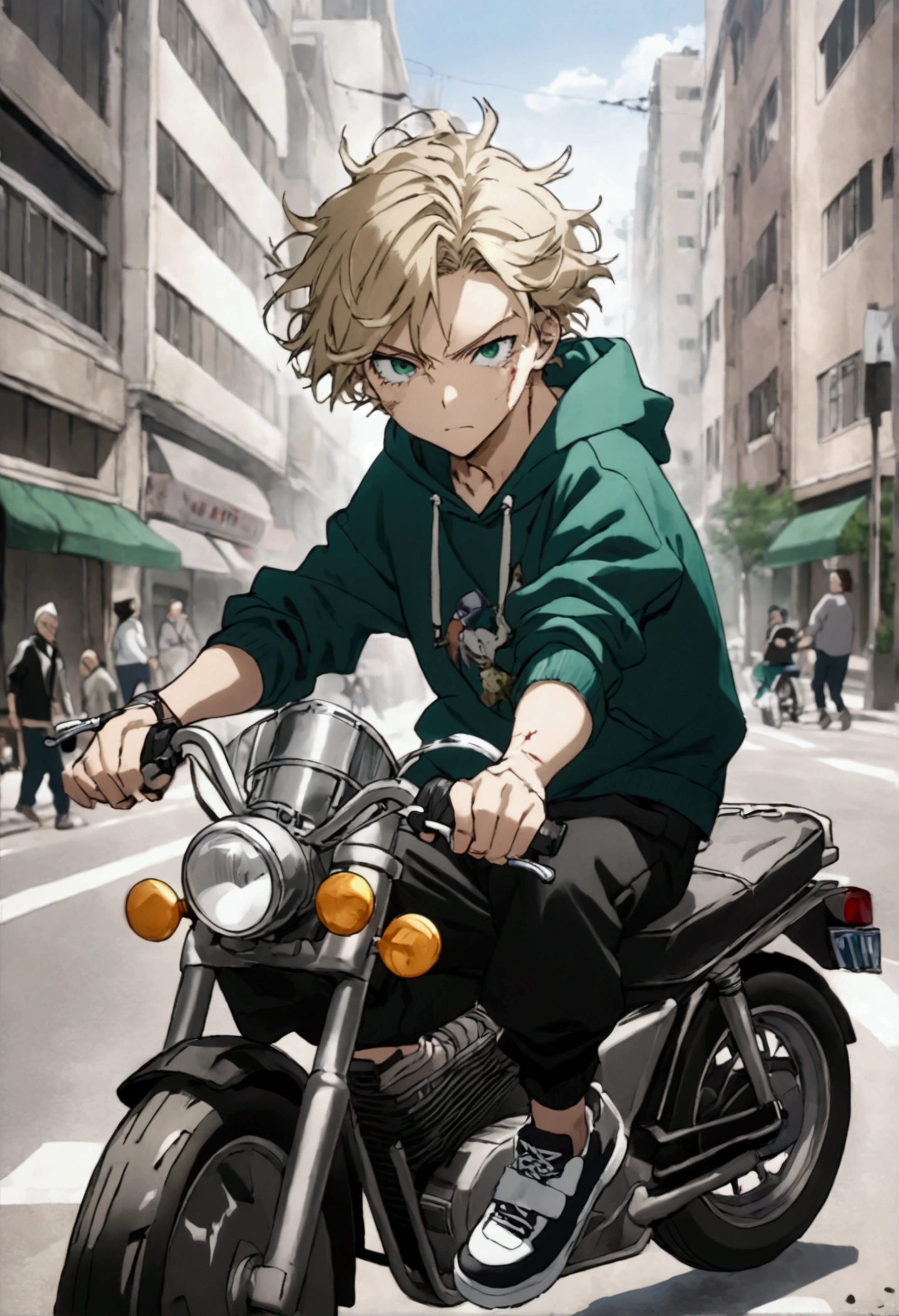 A teenage anime girl ,  short ash-blond hair ,  emerald green eyes ,  is wearing a black and white sweatshirt,  ripped black pants , black tennis shoes, a scar on the right eye, He's riding a motorcycle in the city 