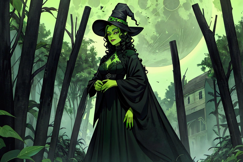 witch hat, cauldron, green glow, masterpiece, best quality, ultra high res, highly detailed, 8k (full portrait), nightmarish woman creature, illustrated in Ian Miller's style, twisted and gnarled limbs, eyes glowing with malevolence, surrounded by a chaotic and eerie landscape, a haunting presence that sends shivers down your spine, perfect lighting, perfect shading