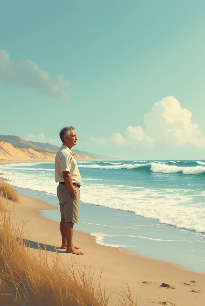 Drawing of an old black bald man
Round face
Smooth face without beard
On the beach wearing swimming trunks