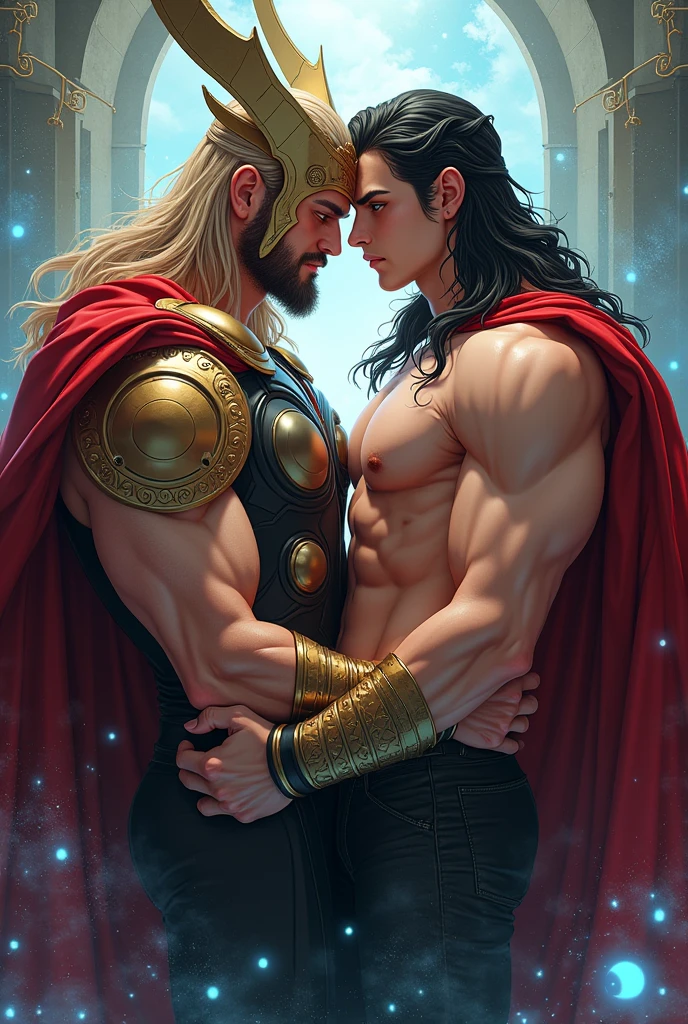 (muscular cute beautiful young boy Arion), huge strong biceps volume, huge chest muscles volume, muscular strong legs, exposed abs skin, tight leather blue trunks and cape, wavy hair, huge cock bulge, mountains background