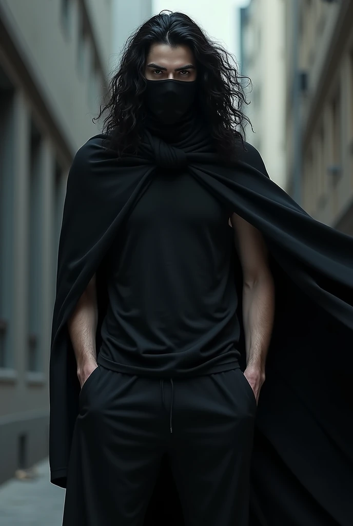 Maine ek aisa image generate kiya hai jisme ek 21 saal ka ladka hai, jo ek superhero ke tarah dikhai de raha hai. Uske lambe hair hai, uske eyes red hai, uski body acchi hai, wo black hoodie aur black pent aur black shoes pehne hua hai, aur uske chehre par ek mask hai aur ek angry expression hai. Wo ek powerful pose mein khada hai.