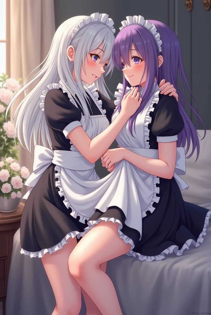 A cute anime femboy sleeping on another femboy lap both wearing femboy maid dresses and tights and touching his cute thighs and breast feeding him through the dress