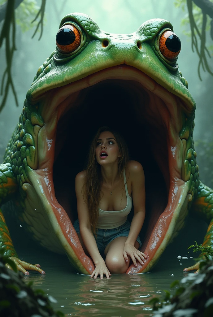 On a horrifying swampy sandbank filled with human bones, a blonde-haired, blue-eyed femme fatale with unparalleled beauty peeks out from the feeding mouth of a creepy giant man-eating Nepenthes in psychedelic primary colors, peeking out from the upper half of her honey-covered body and staring intently at the viewer. She grins cruelly and holds out her hands to beckon. character focus, pov, looking at viewer, evil seductive grin,
