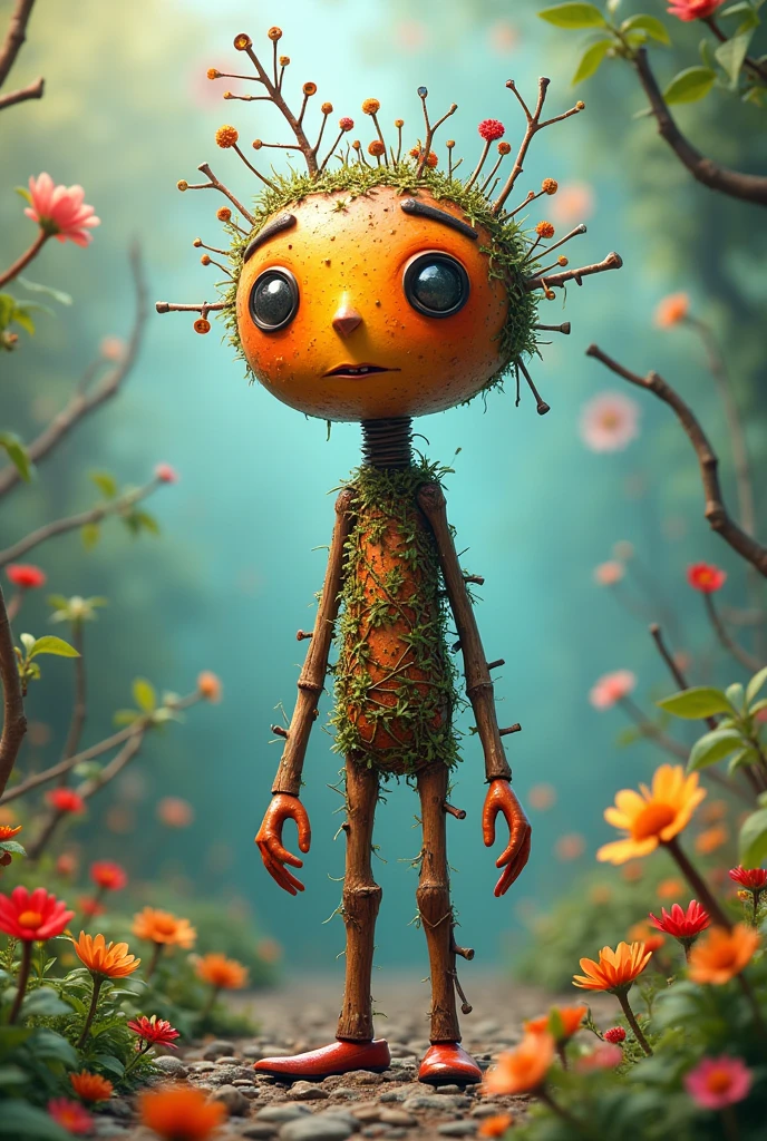 An imaginary creature with a body that appears to be e of different types of vegetables and fruits. Its shape is similar to that of a person, with limbs that resemble trunks of vegetables and fruits. The skin is a combination of vibrant colors, with textures ranging from smooth to rough, reminiscent of the appearance of different barks and leaves. The eyes are large and bright, like two spheres of ripe fruit. Hair, rather than being madf strands, is a mixture of leaves and twigs that gently move in the wind. This creature has an aura of vitality and freshness, as if it were an embodiment of nature in human form, highly detailed, very realistic, well drawn, 4k.