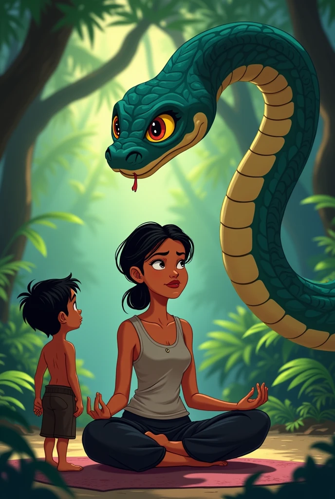 Huge ，snake woman，beachside，The  lies on top of the snake woman，Little boyith snake woman