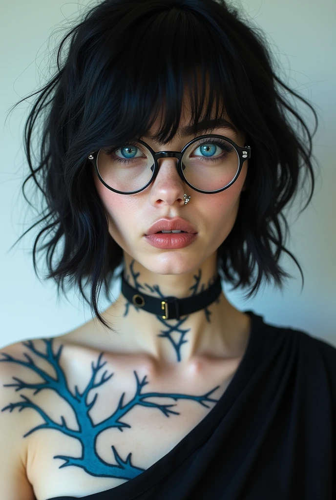 create a naked woman, green haired, wavy, wearing glasses. ultra realisitic. new, Hairy vagina, breasts big, tattoo on body 