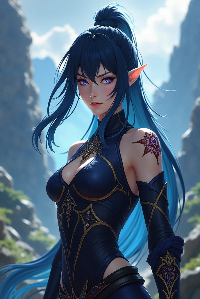 Young elf woman wearing black lingerie, blue eyes and black hair wielding a katana with a background of a waterfall, several green trees, tulips, roses and mountains