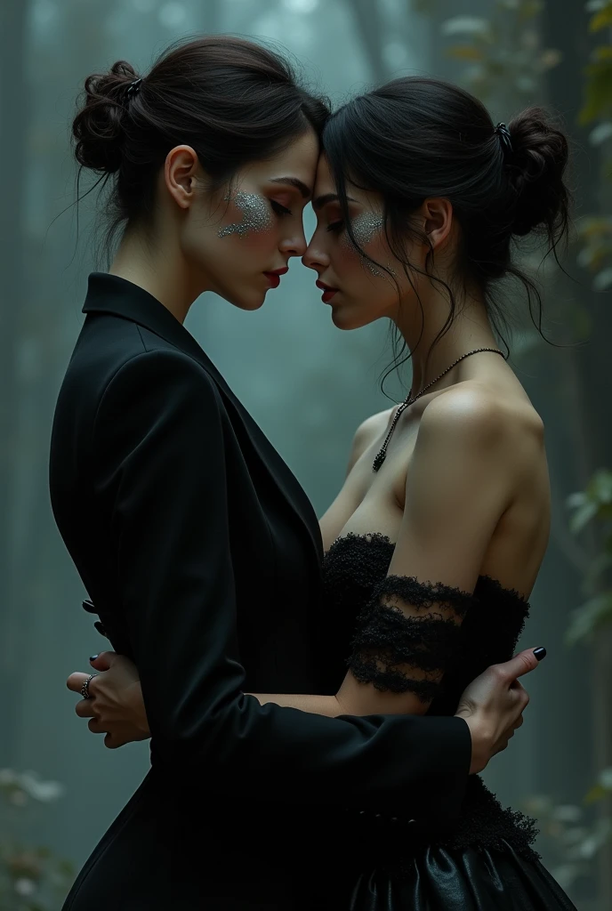 Make two WOMEN girlfriends: a super malnourished brunette with gothic clothes and another with WHITE skin and masculine features and street clothes.