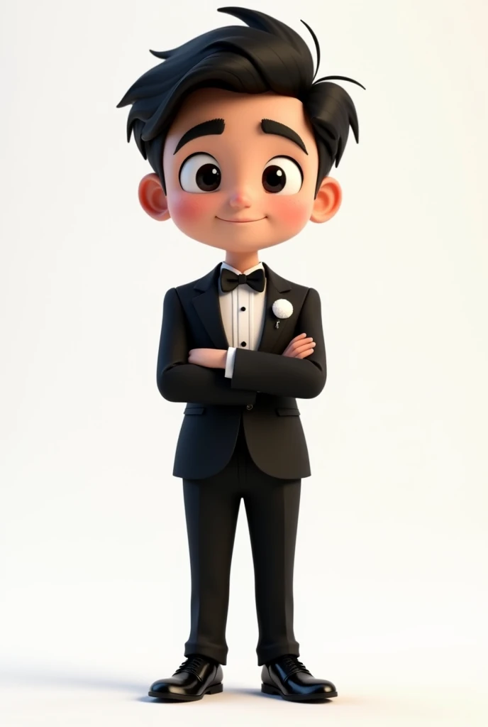 5 years old boy with black straight hair wearing a jeans and white suit jacket no tie is smiling for the camera showing his dimples cheeks, posing confidently with his arms crossed. The background is black, which adds to the focus on the subject.