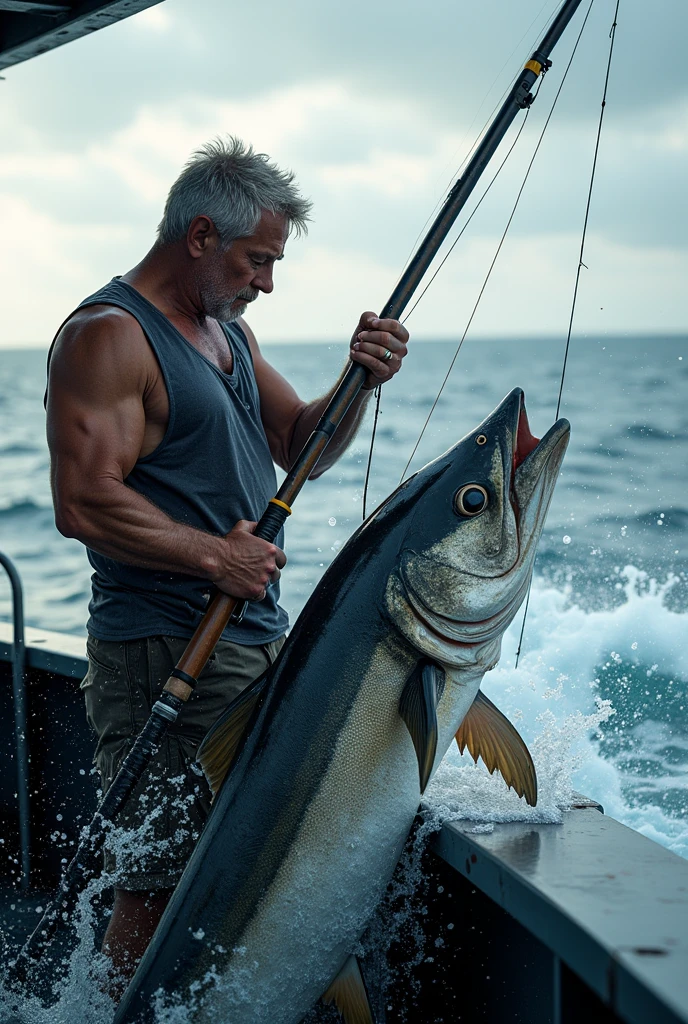 Man eating raw fish in ocean dangerous waves