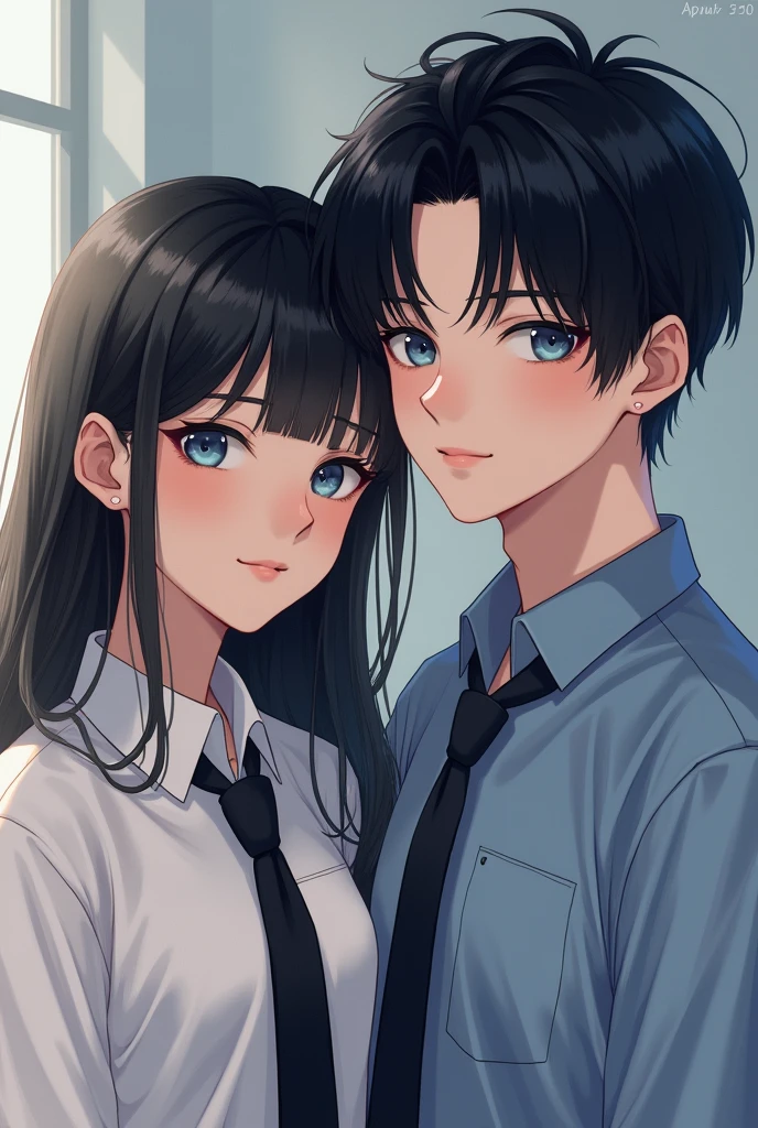 Masterpiece, Best Quality,Anime couple in uniforms taking a photo in front of a window, High school student couple、Black Hair、Brown eyes、Wearing a uniform