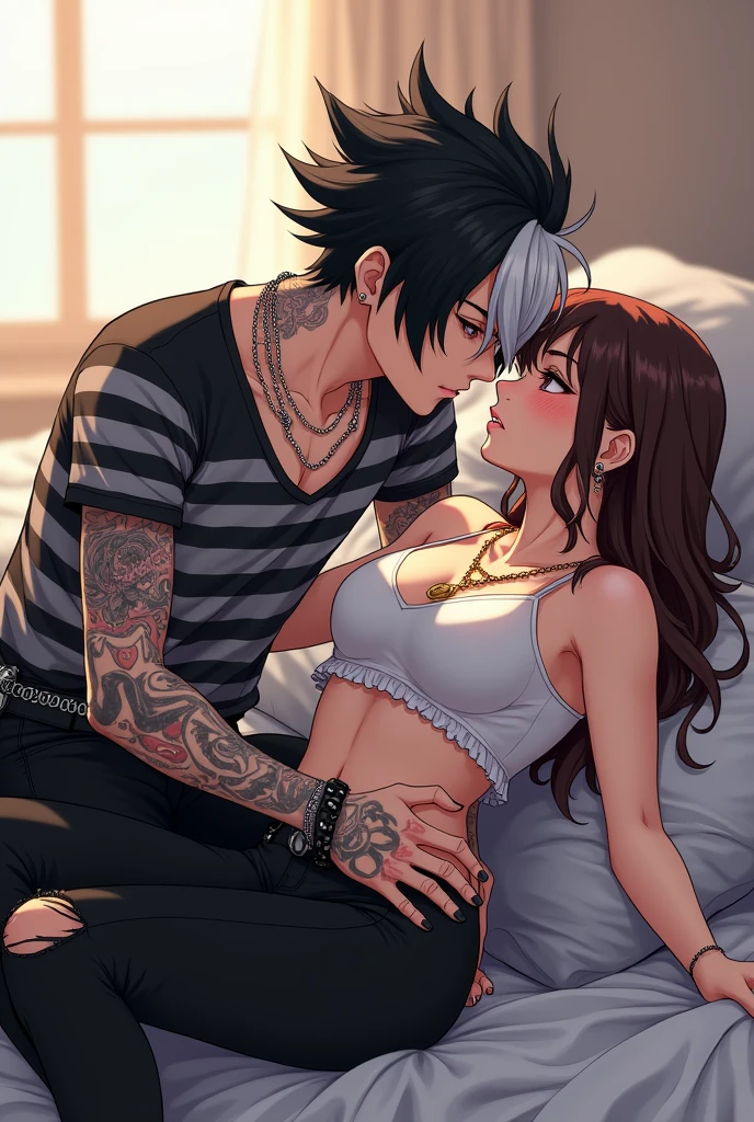 I would like to get an anime-style image of a couple consisting of a man with long platinum hair in a ponytail, long bangs and a tattoo, stripped to the waist, kissing a woman with black hair in an square, and in lilac lace underwear, she hugs him around the neck.