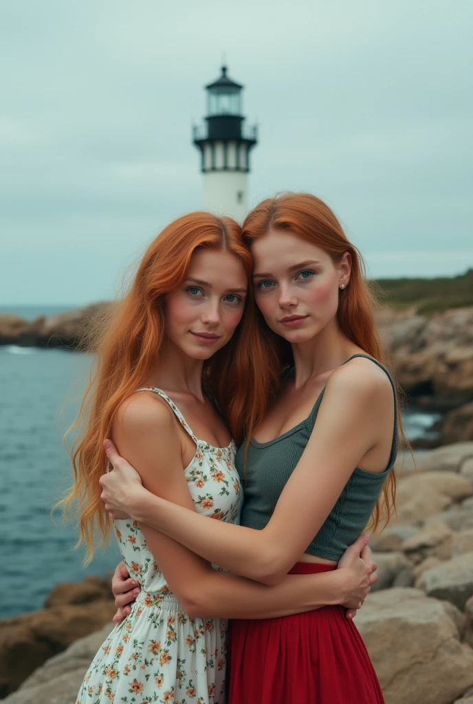 young woman,whole body,very detailed face, beautiful detailed eyes,light on face,Cinematic lighting,Looking at the viewer,on open air,Red hair, young woman в сексуальном красном белье, hugging a man