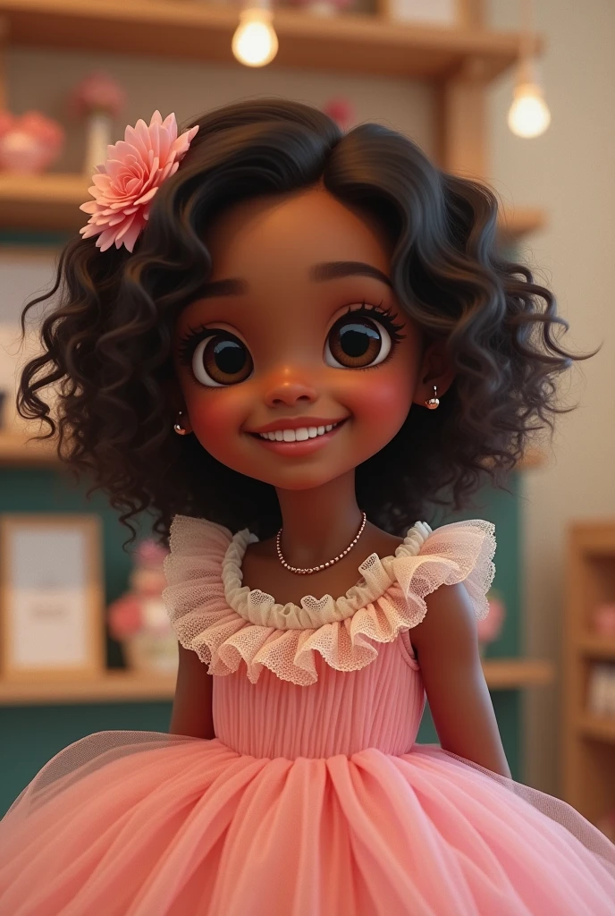 Capa de filme estilo Disney, uma menina preta com olhos castanhos, dark skin and curly hair who works with confectionery and various cakes in the background on the tables