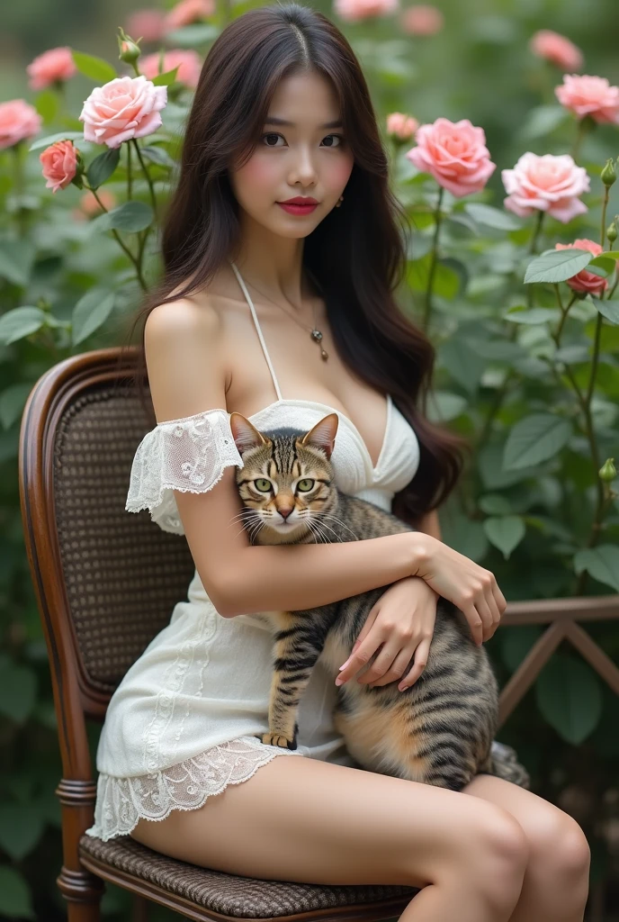 (A girl lying on her back in a shirt in a grassy field outdoors。A little bit of underwear is visible),(Her jeans slip down to her thighs, revealing her white panties)professional lighting,crouching,The cat gazes invitingly at the photographer.,Girl with braided hair, The white shirt is wide open,Cleavage,Underbust,Cute young girl, Young and adorable Korean face, young asian girl, Beautiful young girl, full body