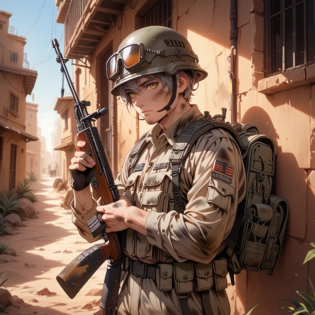 male Soldier, Gray hair, yellow eyes, Dirty, Desert coloured military outfit, helmet, Military backpack, Helmet, Holding a M4 Assualt Rifle, leaning against a wall in an alleyway in a desert town