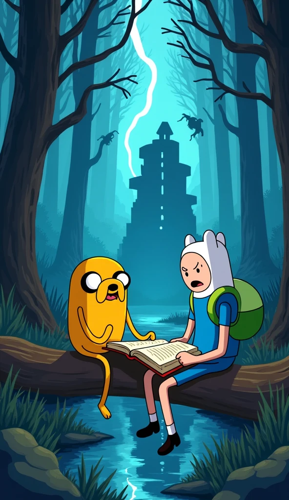 ADVENTURE TIME
"The book is full of torn pages, but the ones that remain show images of broken worlds, cities floating in fragments, and creatures that seem made of shadow. Finn reads aloud, his eyes wide: 'The world has already been erased... and started over.' Jake, sitting on a nearby log, frowns, but the uneasiness in his eyes reveals that he, too, senses something is wrong.
image 4k