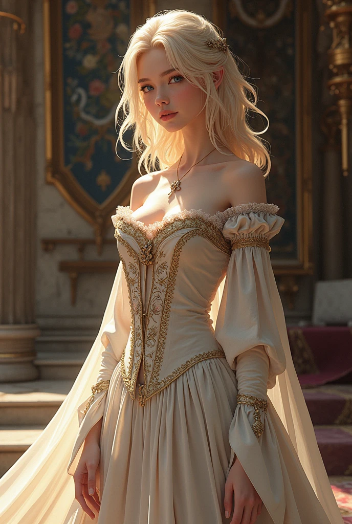 White Blonde hair, fluffy hair, stylish hair, long hair, lilac eyes, perfect eyes, beautiful, perfect face, tween, dainty , short, kind, curvy, a flowing pale airy gown with ruffles along the bottom with tiny pink flowers and gold dragon embroideries with flowers, Her tiara had a pretty teal gemstones, silver necklace, noble class, royal, royalty, red castle, feasting hall, medieval, elegant surroundings, soft dewy makeup look, light peach blush, soft tan eyeshadow, light coral lipstick, cutesy, girlish, girly, guileless, ingénue, princess , whimsical lighting, Targaryen, dragons in the sky, photorealistic
