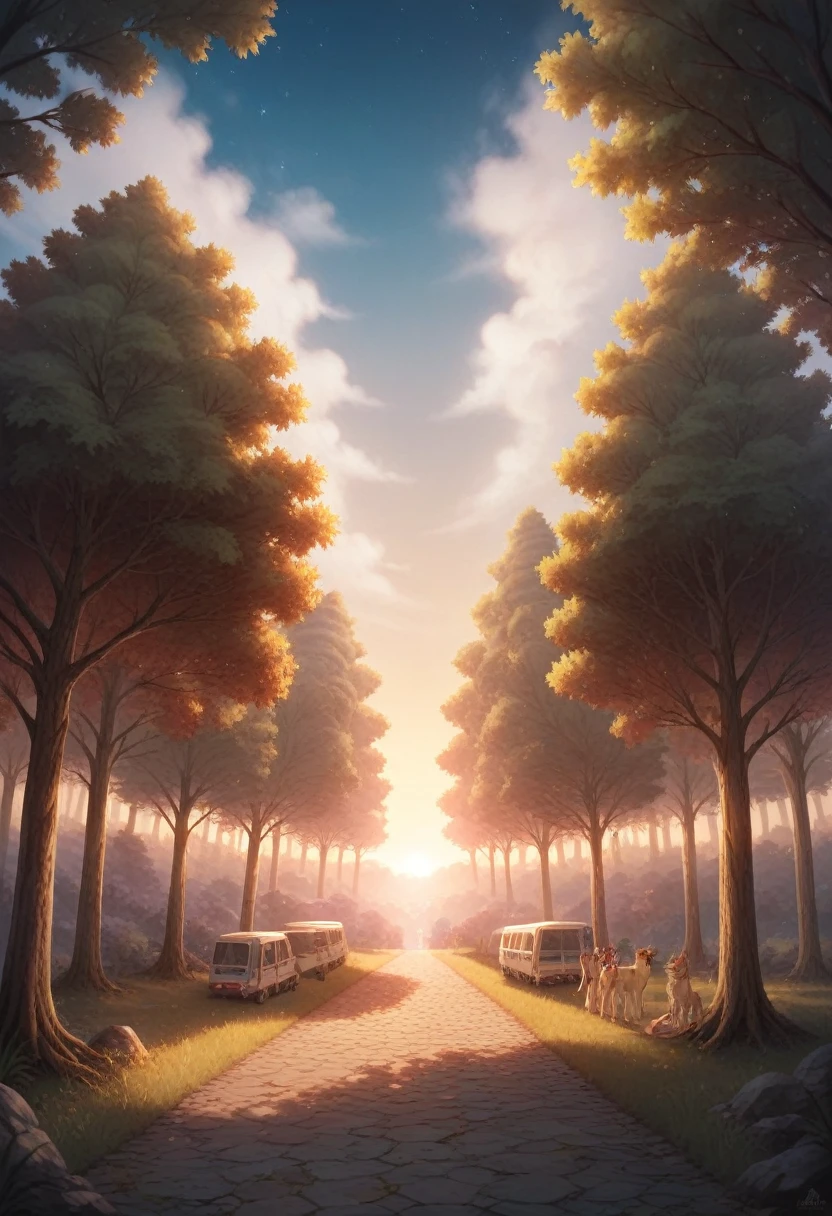 Viral nature wallpaper in 4K quality, in the style of digital illustration inspired by Hayao Miyazaki, featuring a serene forest with towering ancient trees, dappled sunlight filtering through the leaves, a gentle stream flowing through the scene, school bus on the land, the bus is old and rusty, big snake on the roof of the bus, and mystical creatures peeking from behind the foliage, vibrant and warm color temperature, cosmos lighting with stars twinkling in the sky, no human characters, the atmosphere is tranquil and enchanting