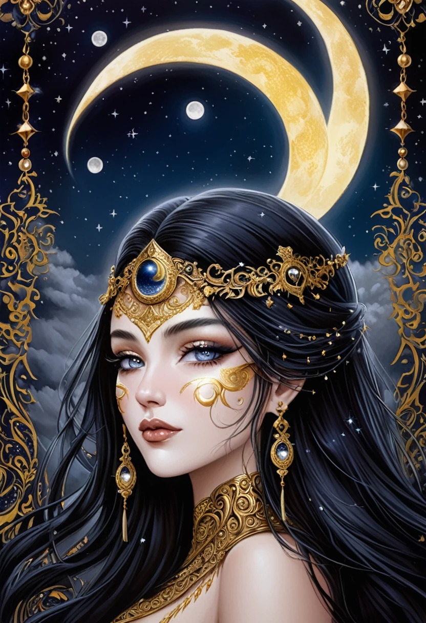 painting of a woman's face with a crescent and gold decoration, an airbrush painting by Nene Thomas, tumblr, gothic art, gorgeous detailed face, portrait of a norse moon goddess, moon goddess, beautiful art, gorgeous highly detailed face, very detailed and beautiful face, extremely detailed gorgeous face, intricate detailed face, beautiful intricate face, beautiful detailed face, gorgeous art