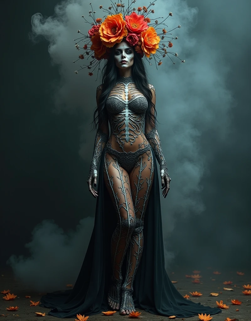 1girl, micro lingerie, looking at the mirror, starring at the reflection, standing, perfect reflection, perfect body, perfect anatomy, back view, tall golden square frame floral carved mirror, long black hair, mystical elemental, ethereal, dark smoke surrounded, dramatic light, exotic scene, crisp, terrifying, dimmed light, super detailed, UHD, 8k, epic realism, fantasy art, photo art. photoillustration of double exposure of merged two different tones, half faded lady, half flames skeleton-spirit, (transparency effect 0.25), symmetrical sagital cut ((vertical half cut 1.5))seamless mix-merged, texture and pattern, ((transparency effect 0.35)), iconic standing-pose stance, dramatic shadows, dramatic lights, interlacing elements, fantasy art, two face tones, two body_tones, very_long hair, flowing hair, opposite-opponent digital manipulated photo art, hyper-realistic, ultra-detailed, crisp clarity, high-contrast, overexposure, luminous ambiance, rich textures, intricate patterns, vivid colors, cinematic lighting, photorealistic, accurate anatomical proportions.