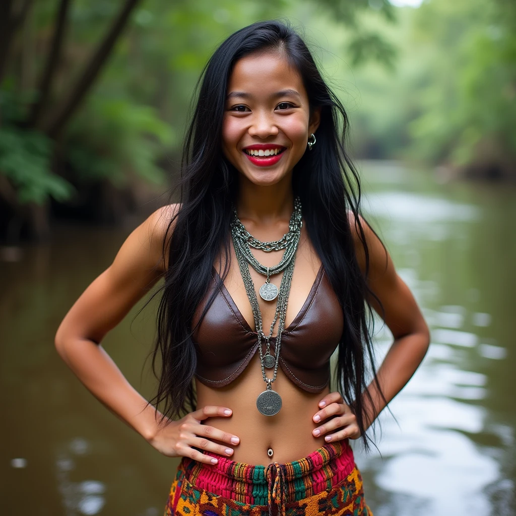 1 borneo tribal girl, wearing tribal head dress and accessories, sitting naked on the rock in the river, 1 leg up on rock, leg open wide to show  vaginal and breast, hyper realistic, lifelike texture, dramatic lighting, Nikon RAW photo, 8k, Fujifilm XT3,CitrineDreamMix, masterpiece, best quality, realistic, naked, show vaginal, (photorealistic:1.4), ultra detailed, full body visible, (((smile:1.2)))