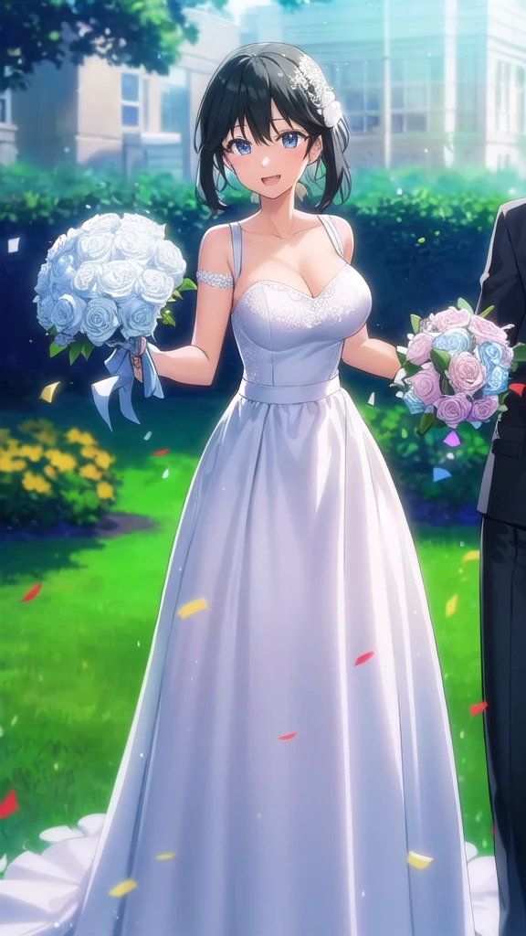 masterpiece, best quality, high quality, girl, solo, looking at viewer, masamune_makabe, black hair, blue eyes, large breasts, wedding dress, standing, garden, confetti, holding bouquet, smile, open mouth