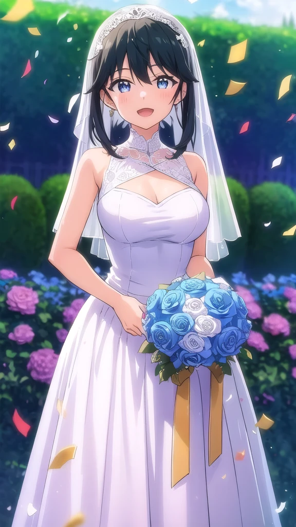 masterpiece, best quality, high quality, girl, solo, looking at viewer, masamune_makabe, black hair, blue eyes, large breasts, wedding dress, standing, garden, confetti, holding bouquet, smile, open mouth