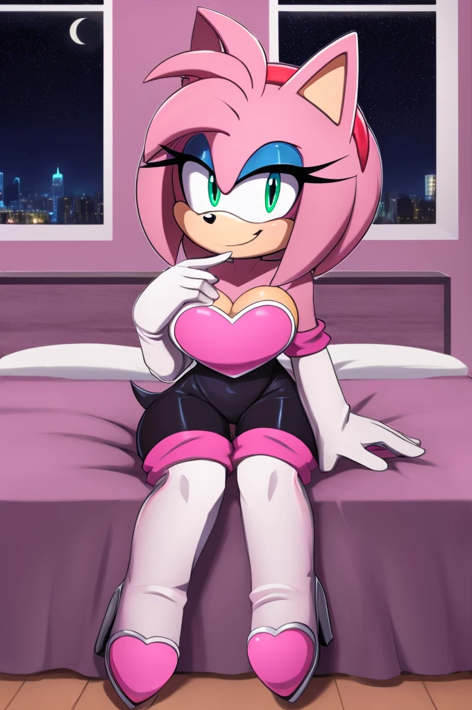 Amy Rose, seductive, medium breast, bare shoulder, little black dress, strapless dress, skin-tight dress, bare legs, lying in bed, bed sheet, frilled pillow, frills, heart pillow, pinup,