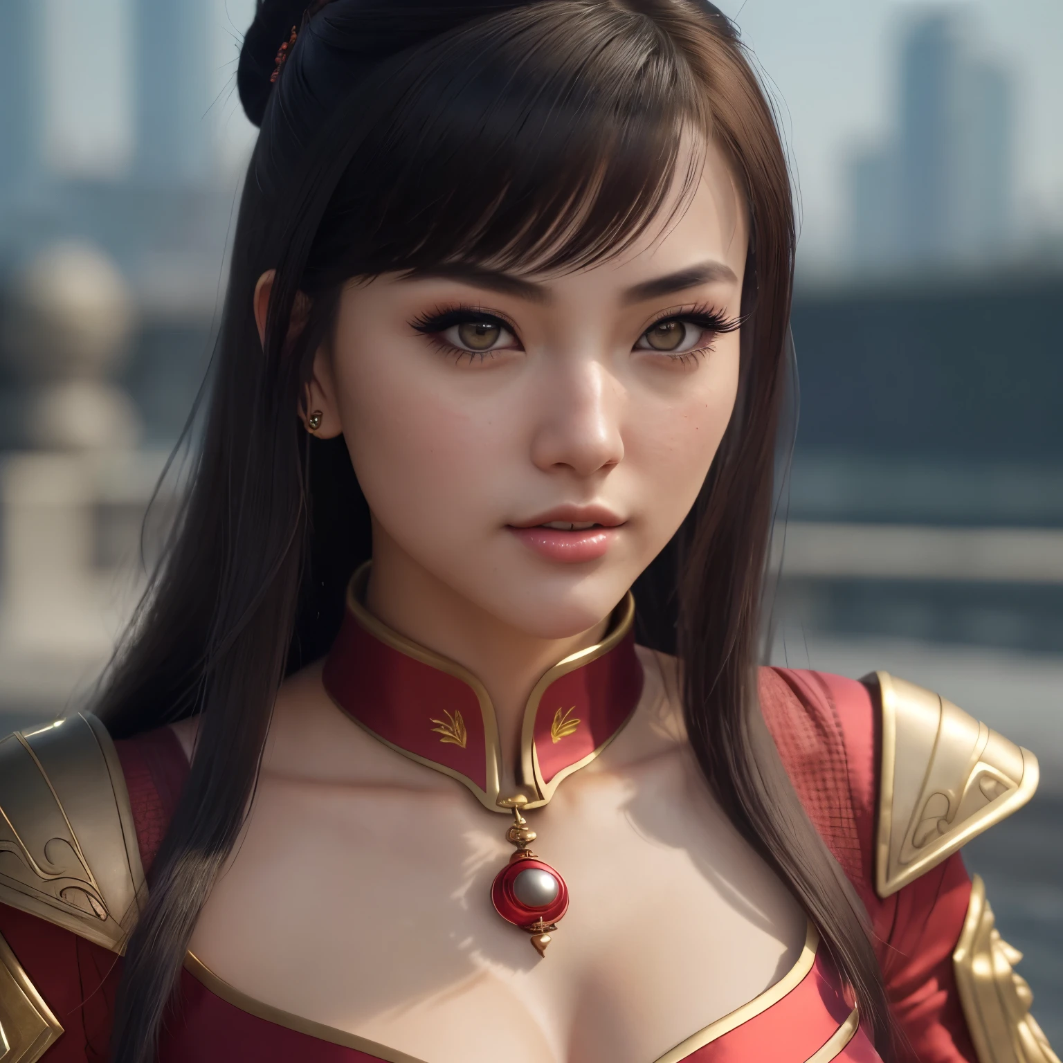 Game art，The best picture quality，Highest resolution，8k，((A bust photograph))，((Portrait))，((Head close-up:1.5))，(Rule of thirds)，Unreal Engine 5 rendering works， (The Girl of the Future)，(Female Warrior)， 22-year-old girl，(Female hackers)，(Ancient Oriental hairstyle)，((The pupils of the red eyes:1.3))，(A beautiful eye full of detail)，(medium breasts)，(Eye shadow)，Elegant and charming，indifferent，((anger))，(Future style silk combat suit combined with the characteristics of Chinese cheongsam，Joint Armor，There are exquisite Chinese patterns on the clothes，A flash of jewellery)，Cyberpunk Characters，Future Style， Photo poses，City background，Movie lights，Ray tracing，Game CG，((3D Unreal Engine))，oc rendering reflection texture, show nipples, medium breasts, show vagina, spread legs.