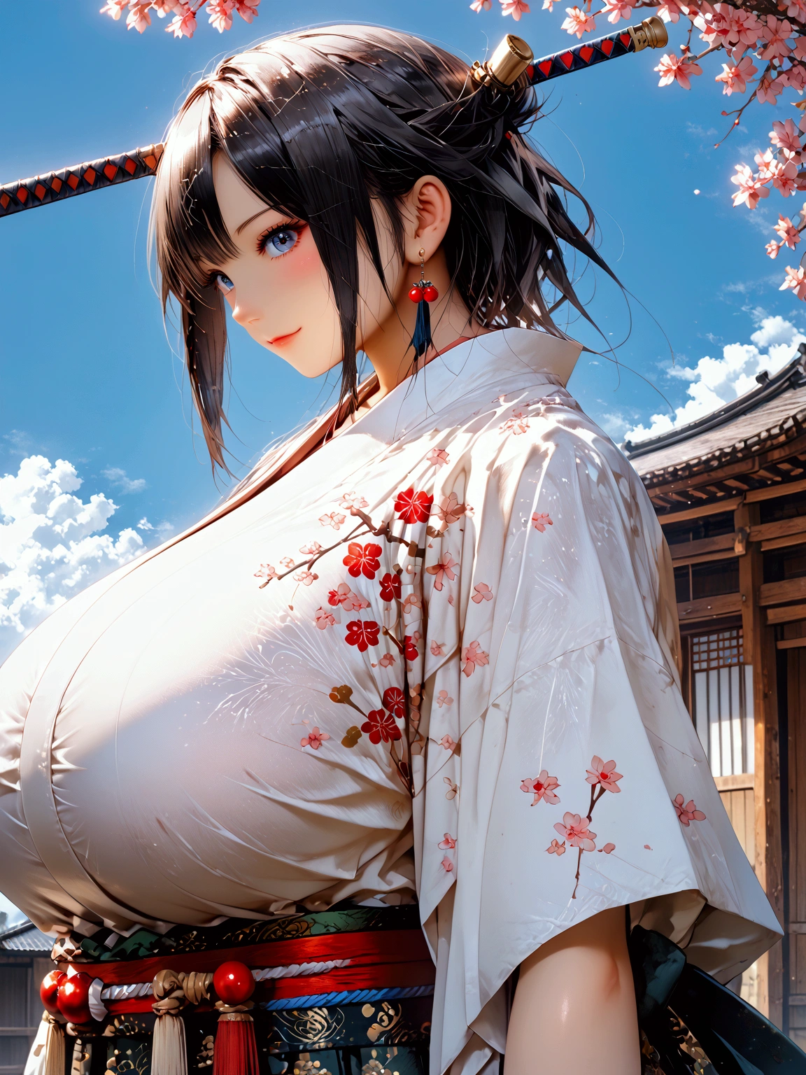 1 Japanese female,Old Japanese Female Warrior 、Female warlord、Warrior Princess、War Goddess、古い日本の鎧、(Clothing)、 black hair、 short hair、White headband、smile、 holding a Japanese sword、fight、(((blue sky)))、(((cherry blossoms)))、((( Japan's Warring States Period)))、「 best quality、masterpiece、  illustration without a face 、 Very Delicate and Beautiful 、 very detailed、CG、8k wallpaper、 amazing、 details、masterpiece、最高の究極の芸術 very detailed CG Unity 8k wallpaper」、(((Gigantic Huge Breast)))