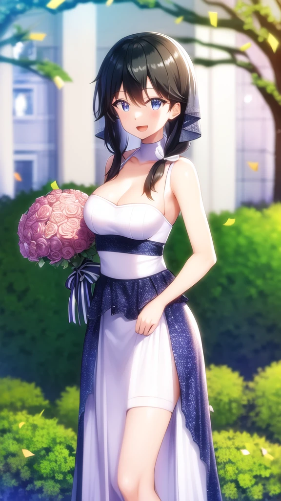 masterpiece, best quality, high quality, girl, solo, looking at viewer, masamune_makabe, black hair, blue eyes, large breasts, wedding dress, standing, garden, confetti, holding bouquet, smile, open mouth