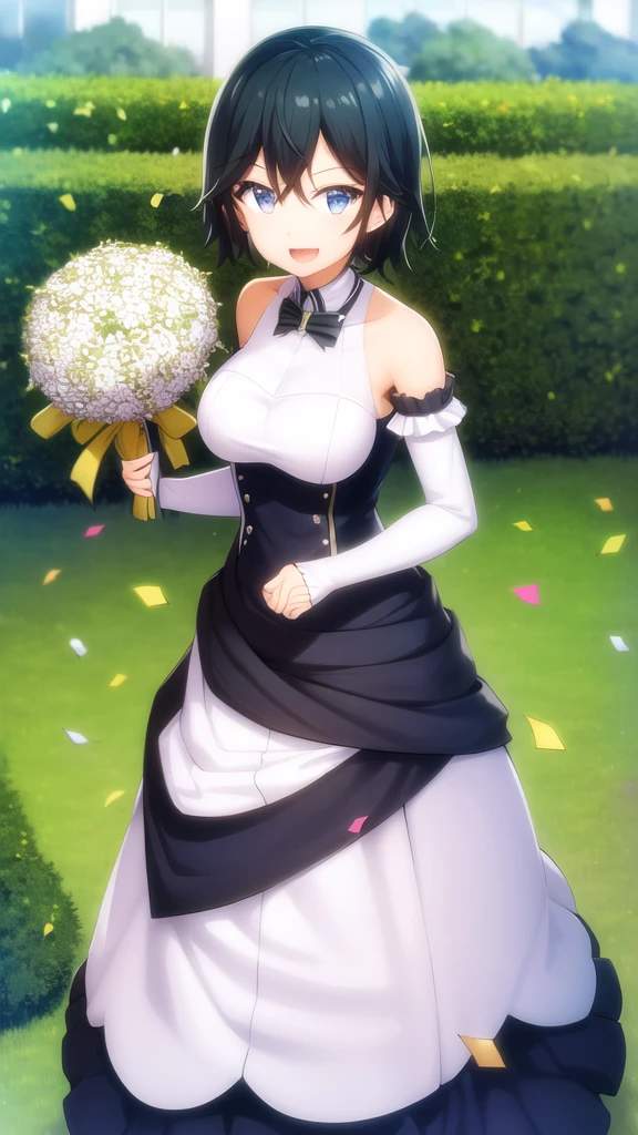 masterpiece, best quality, high quality, girl, solo, looking at viewer, masamune_makabe, black hair, blue eyes, large breasts, wedding dress, standing, garden, confetti, holding bouquet, smile, open mouth