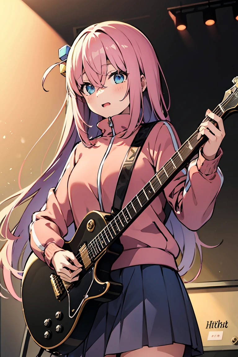 masterpiece, best quality, highres, gotou1, gotou hitori, solo, skirt, pink jacket, track jacket, bangs, hair between eyes, long sleeves, stage, holding instrument, guitar,