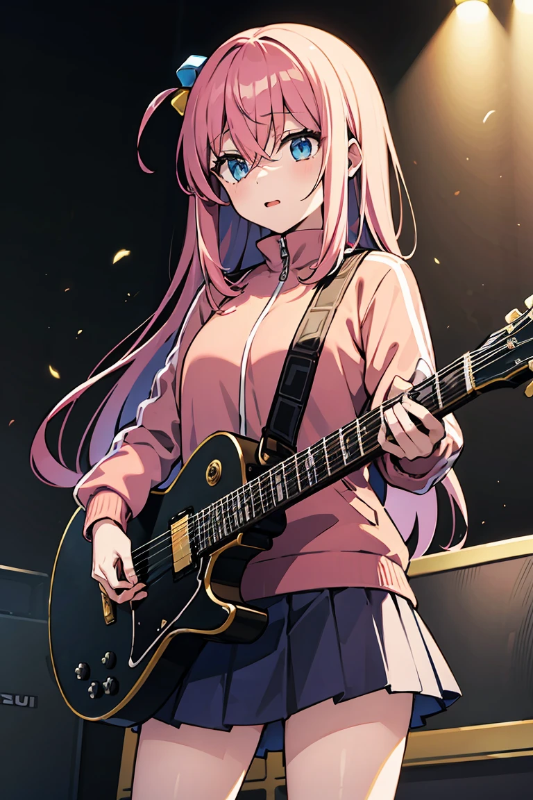 masterpiece, best quality, highres, gotou1, gotou hitori, solo, skirt, pink jacket, track jacket, bangs, hair between eyes, long sleeves, stage, holding instrument, guitar,