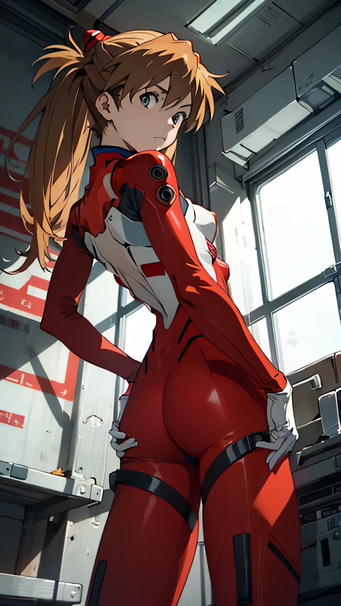 Asuka　Langley,  bodysuit,  headgear ,  PLUG SUIT, red  bodysuit, Open your crotch and feel ashamed,Photo from below,  from behind, small breasts,Inside the cockpit, small breasts


