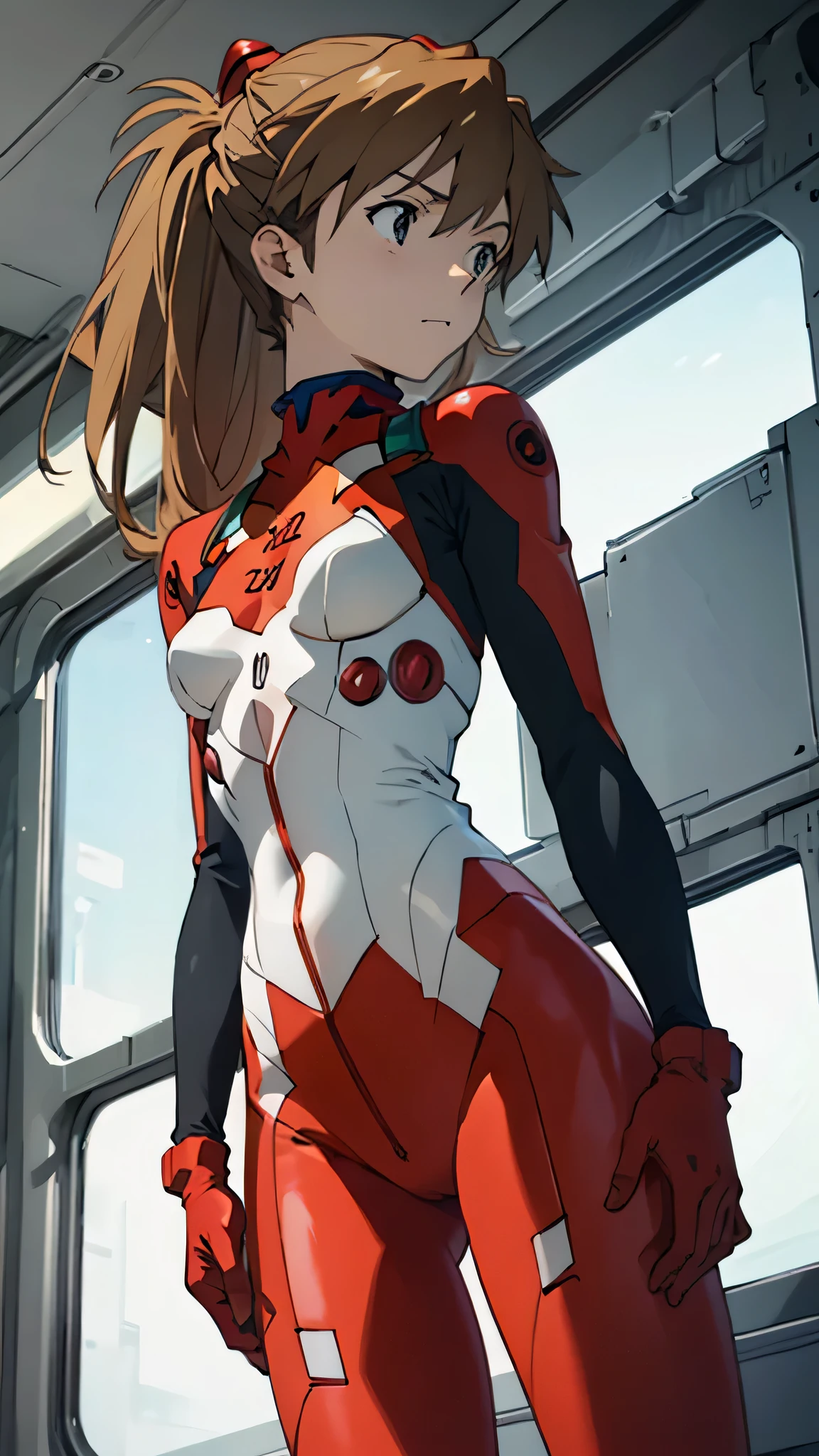 Asuka Langley, bodysuit, headgear , PLUG SUIT, red bodysuit, Open your crotch and feel ashamed,Photo from below, from behind, small breasts,Inside the cockpit, small breasts