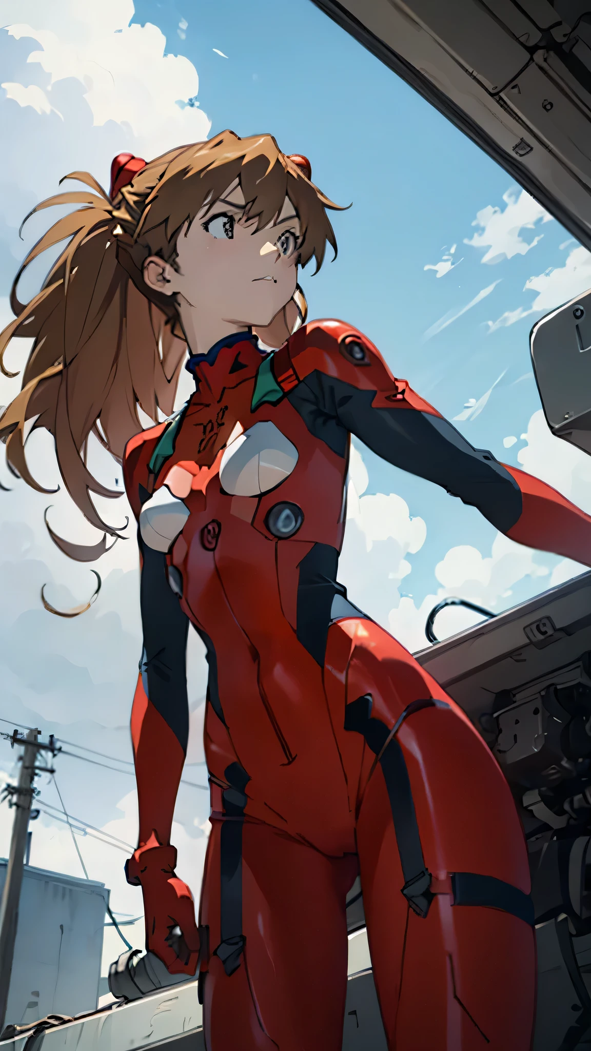 Asuka　Langley,  bodysuit,  headgear ,  PLUG SUIT, red  bodysuit, Open your crotch and feel ashamed,Photo from below,  from the front, small breasts,Inside the cockpit, small breasts


