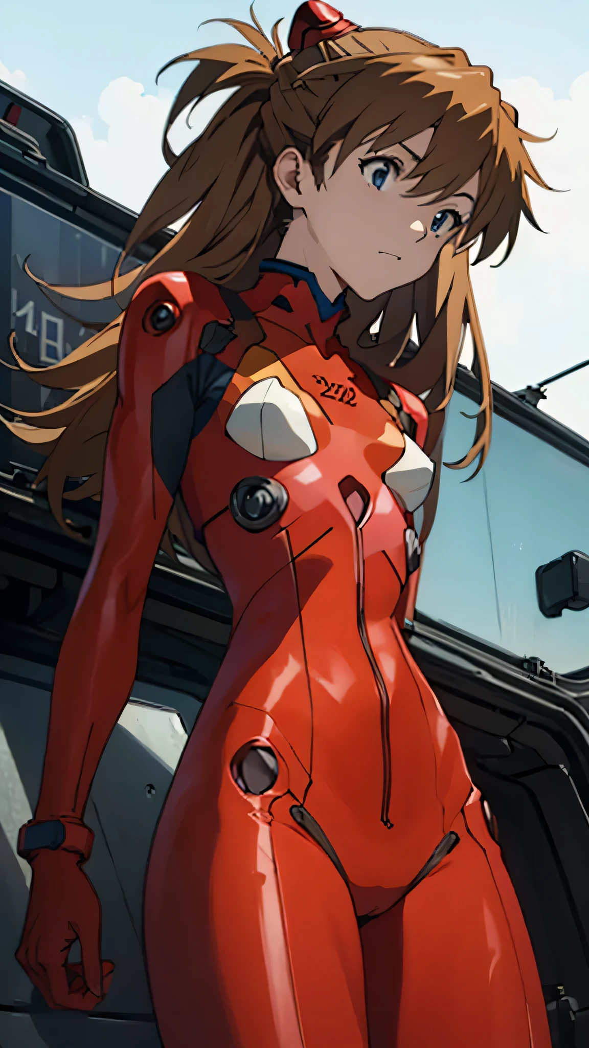 Asuka　Langley,  bodysuit,  headgear ,  PLUG SUIT, red  bodysuit, Open your crotch and feel ashamed,Photo from below,  from the front, small breasts,Inside the cockpit, small breasts


