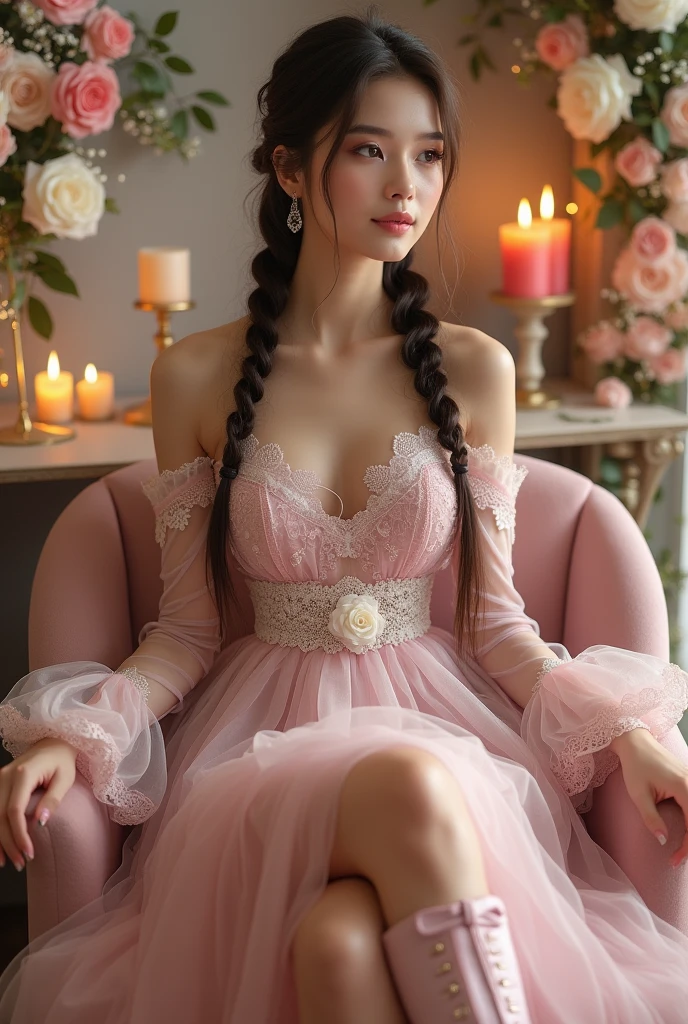 (((masterpiece))), (((highest quality: 1.4))), ((Very detailed: 1.4)) , ((Genuine:1.4)), One girl,(Bright lighting,Romantic atmosphere),Dreamy Background,,Black Hair, Enchanting, , Soft Skin, Enchantingな美しさ, Artistic portrait, High-quality images, Vibrant colors,Pink floral long sheer skirt, mosquito net, romantic bedroom, Side suspension,Solobound,Blindfold,