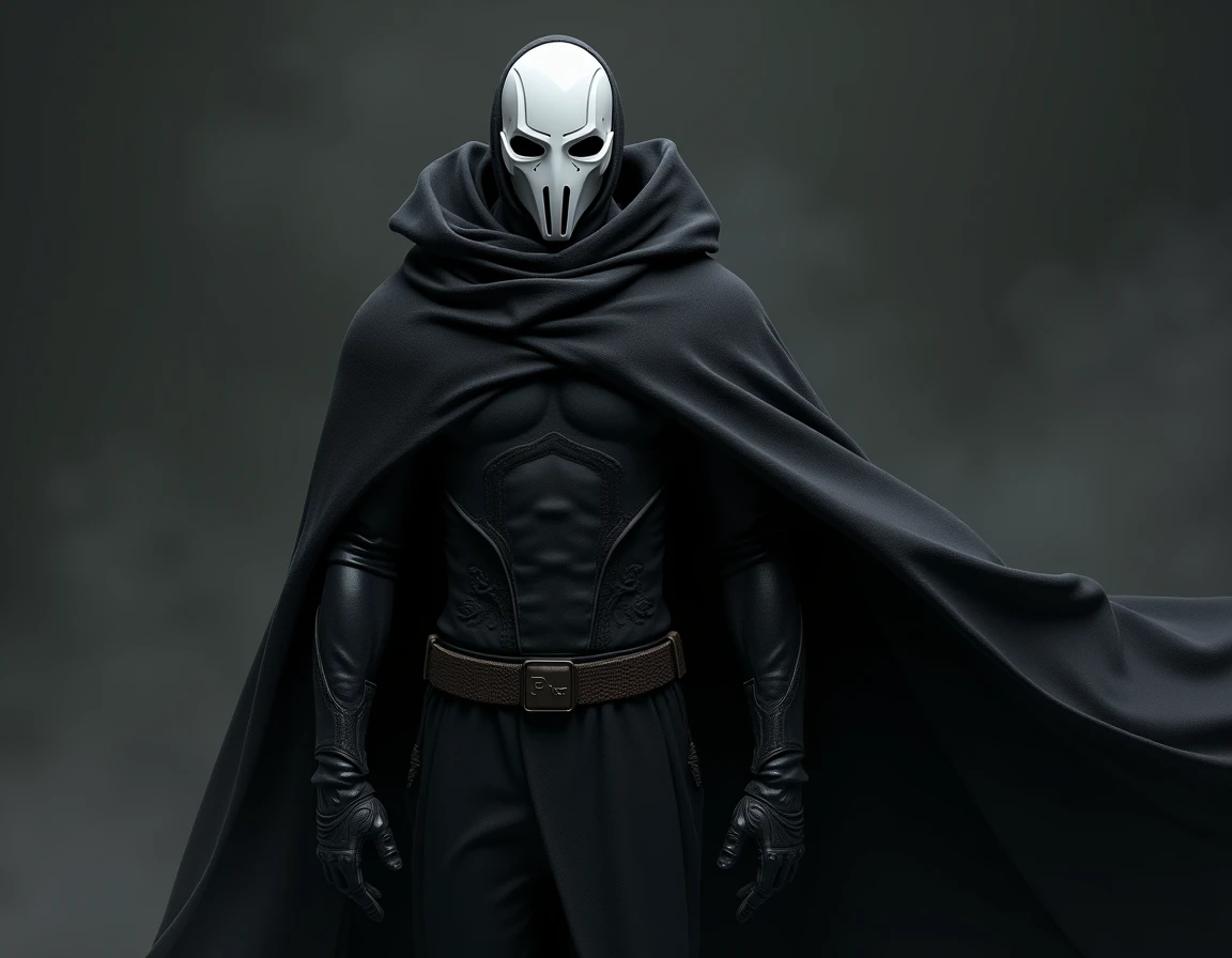 Superhero similar to Batman but with a white crow skull mask, black bulletproof vest with hood, whitegloves, gliding with the cape, without horns 