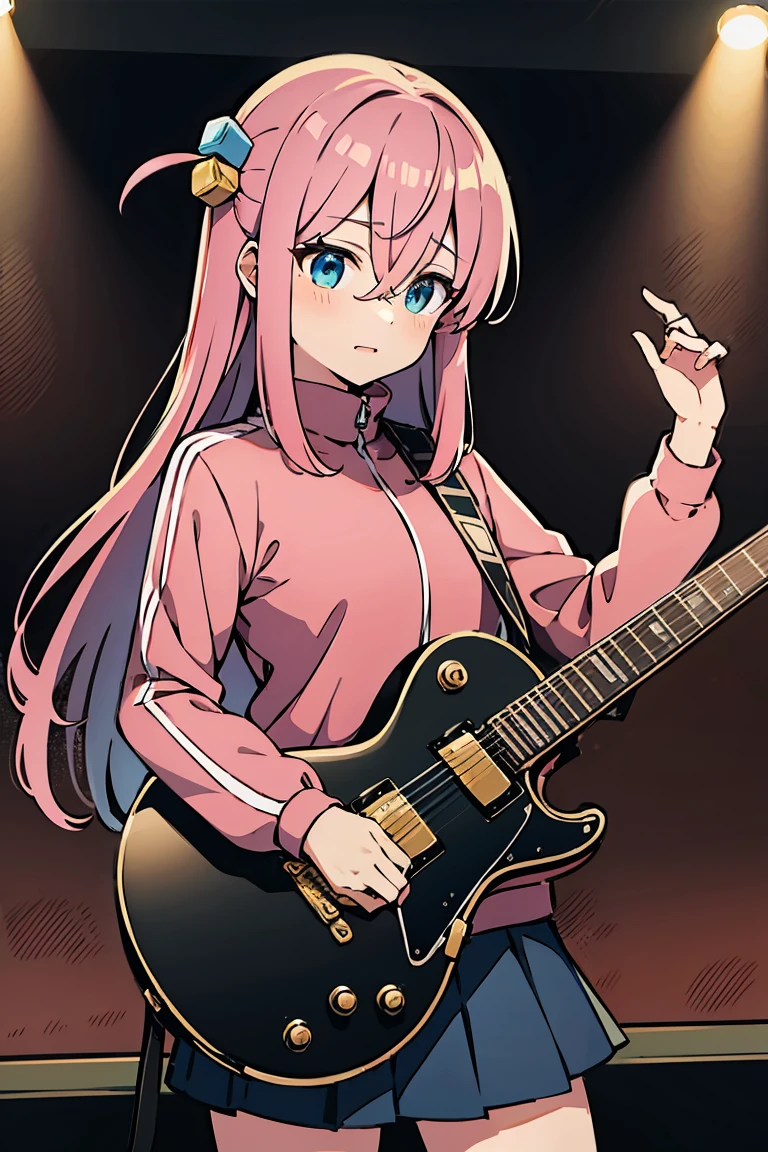 masterpiece, best quality, highres, gotou1, gotou hitori, solo, skirt, pink jacket, track jacket, bangs, hair between eyes, long sleeves, stage, holding instrument, guitar,