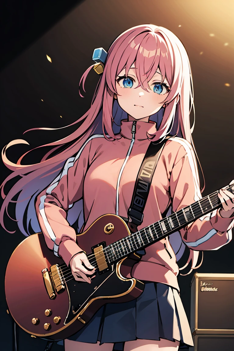 masterpiece, best quality, highres, gotou1, gotou hitori, solo, skirt, pink jacket, track jacket, bangs, hair between eyes, long sleeves, stage, holding instrument, guitar,