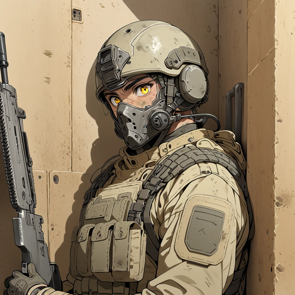 male Soldier, Gray hair, yellow eyes, Dirty, Desert coloured military outfit, helmet, Military backpack, Holding a Assualt Rifle, leaning against a wall in an alleyway in a desert town