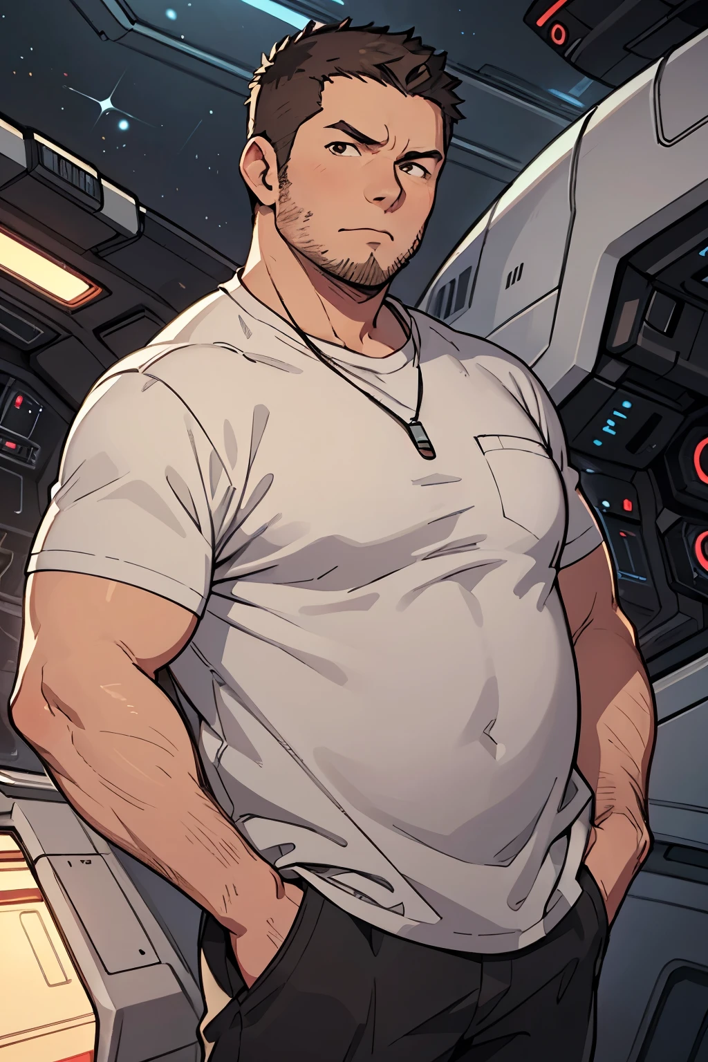 Masterpiece, Best Quality, Ultra-Detailed, 1man, mature male, adult man, short hair, brown hair, gray shirt, sci-fi details on shirt, chubby, hands on pockets, black pants, looking at viewer, serious face, spaceship background