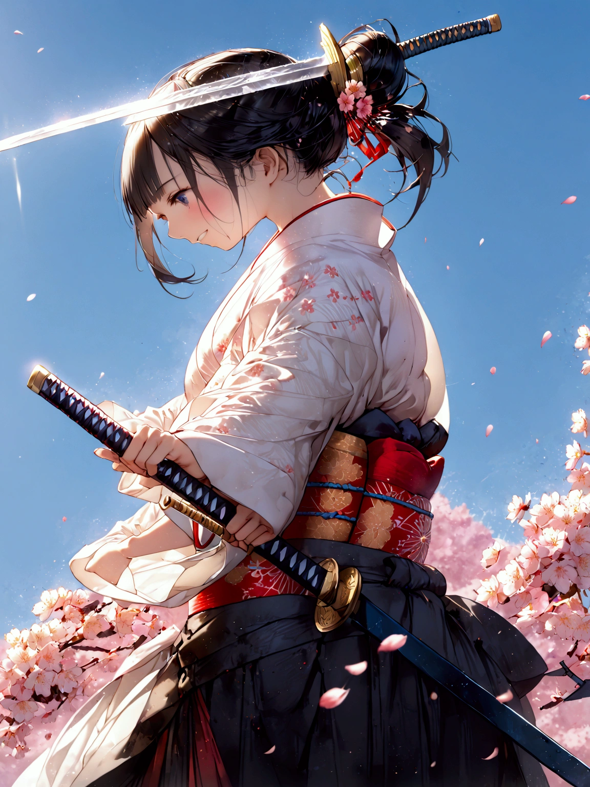 1 Japanese female,Old Japanese Female Warrior 、Female warlord、Warrior Princess、War Goddess、古い日本の鎧、(Clothing)、 black hair、 short hair、White headband、smile、 holding a Japanese sword、fight、(((blue sky)))、(((cherry blossoms)))、((( Japan's Warring States Period)))、「 best quality、masterpiece、  illustration without a face 、 Very Delicate and Beautiful 、 very detailed、CG、8k wallpaper、 amazing、 details、masterpiece、最高の究極の芸術 very detailed CG Unity 8k wallpaper」、