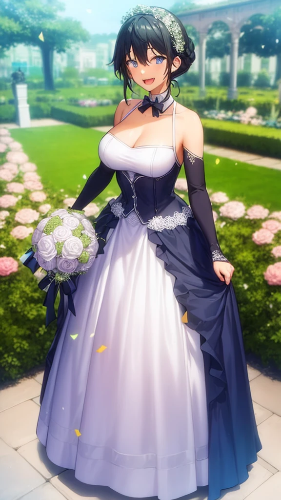 masterpiece, best quality, high quality, girl, solo, looking at viewer, masamune_makabe, black hair, blue eyes, large breasts, wedding dress, standing, garden, confetti, holding bouquet, smile, open mouth,