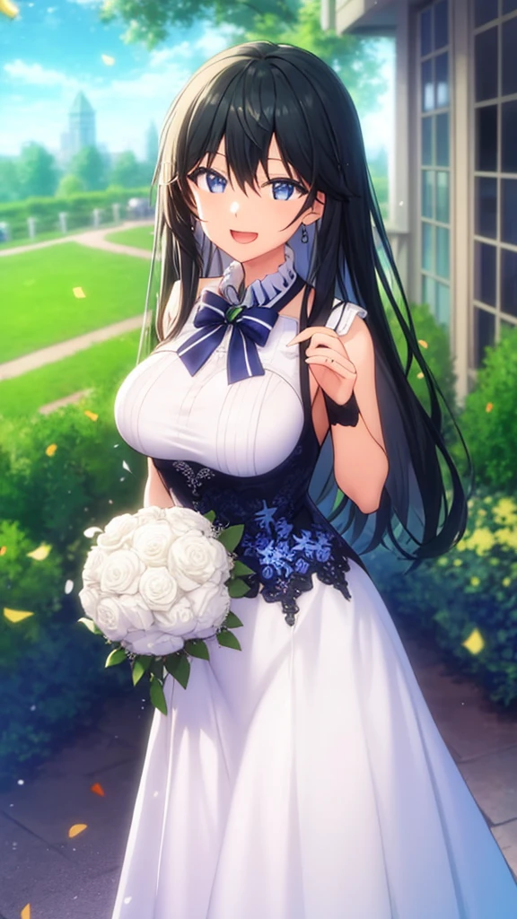 masterpiece, best quality, high quality, girl, solo, looking at viewer, masamune_makabe, black hair, blue eyes, large breasts, wedding dress, standing, garden, confetti, holding bouquet, smile, open mouth,